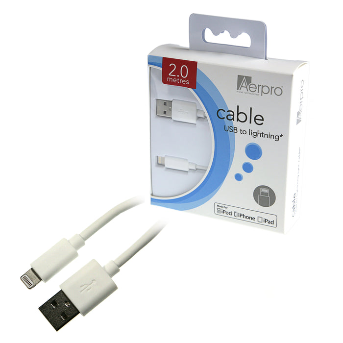 Aerpro APL205 2-metre Lightning-to-Type A USB Cable (White) [MFi Certified]